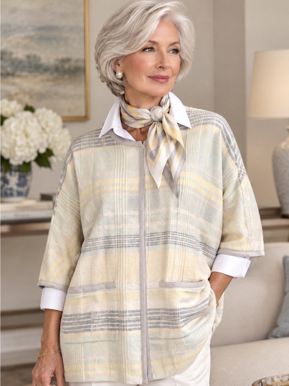 St. John Plaid Cashmere Sweater Coat
